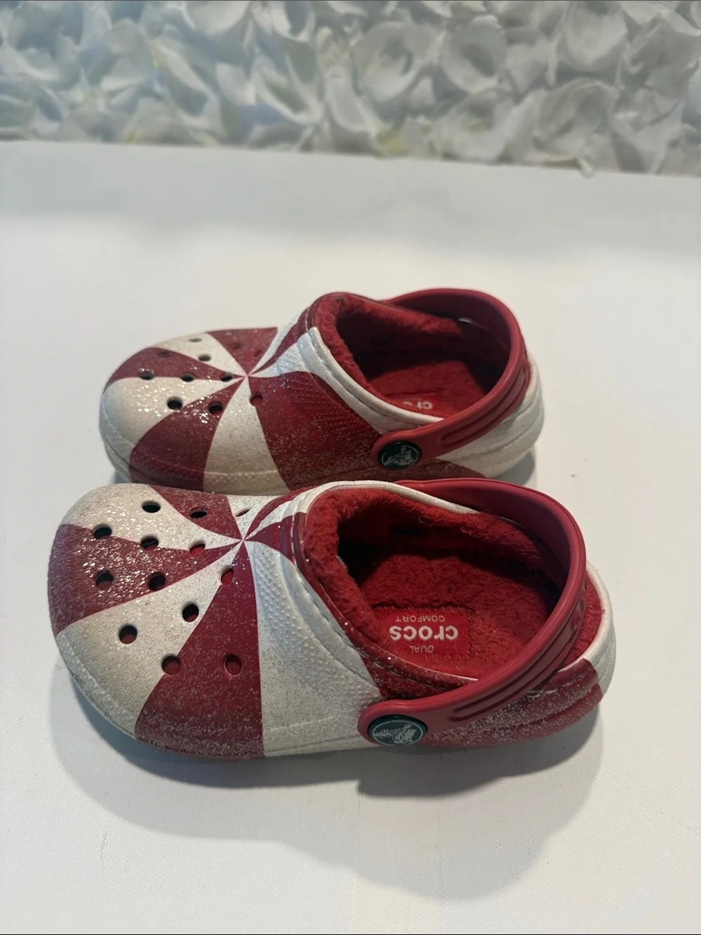 CROCS Kids Red and White Swirl Clogs